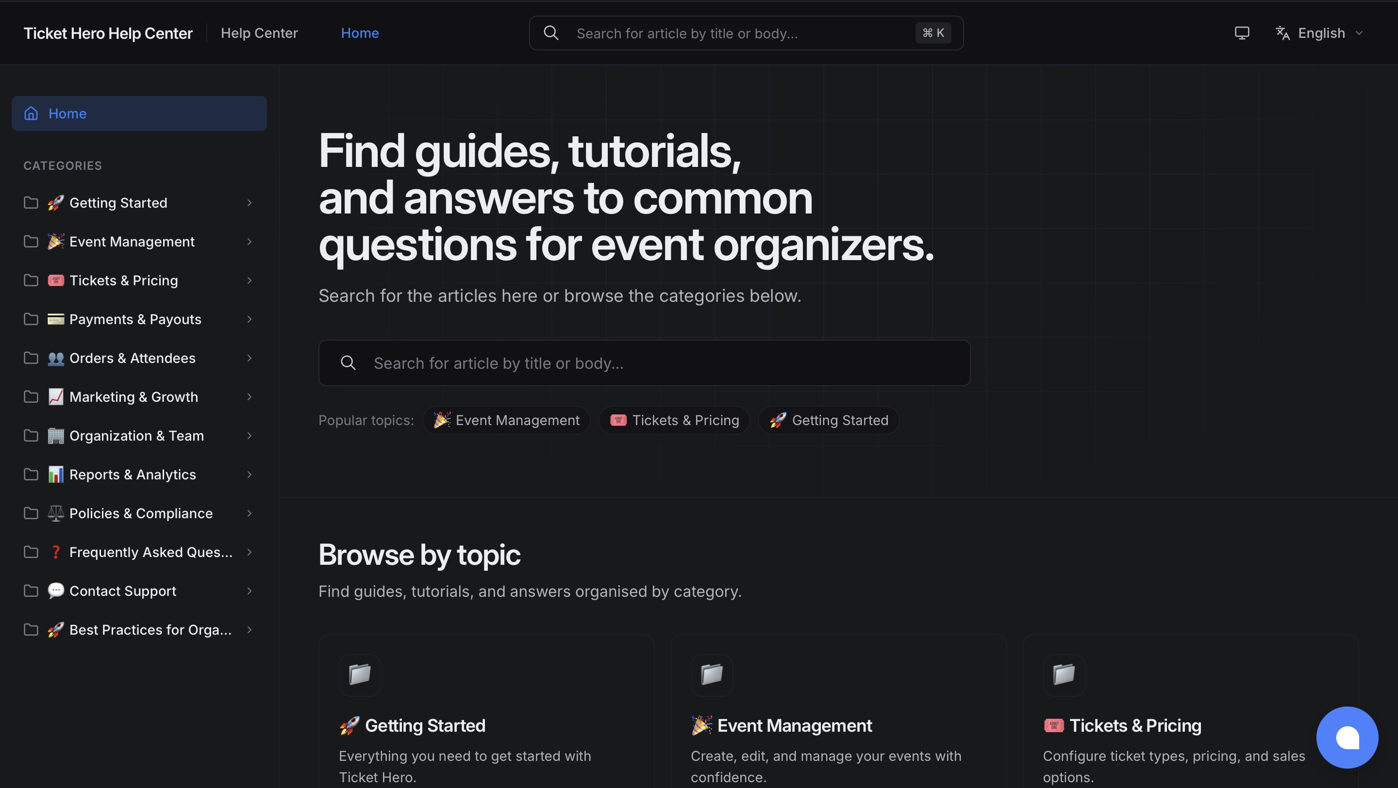 A preview of the organizer help center